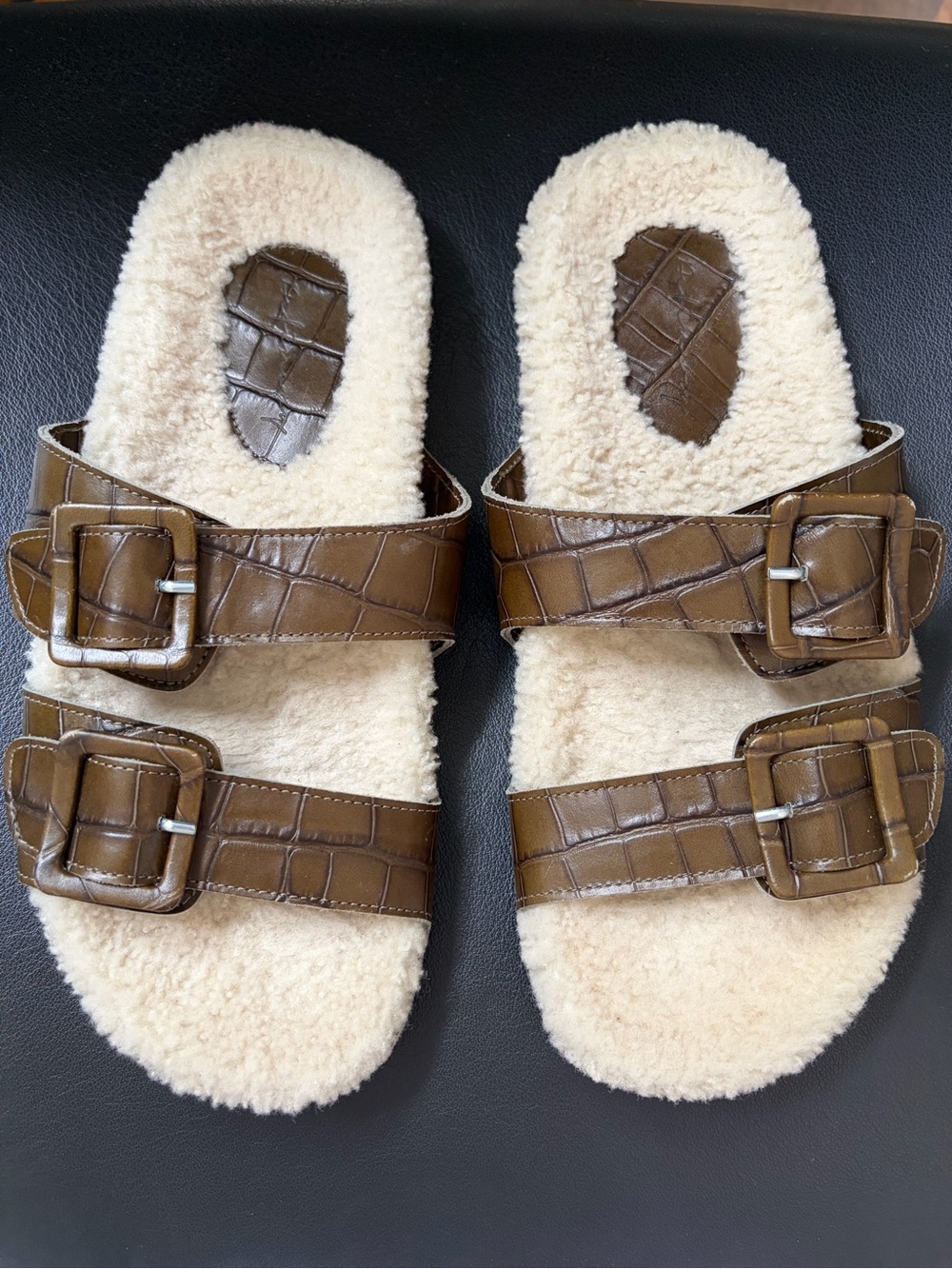 🇮🇷Definery Shearling Double Buckle Slides Croc-Embossed, Sz 39 made in Italy